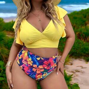 🆕 Vibrant Plus Size Boho Tankini Set 1XL Ruffle Sleeves Tropical Print Swimwear